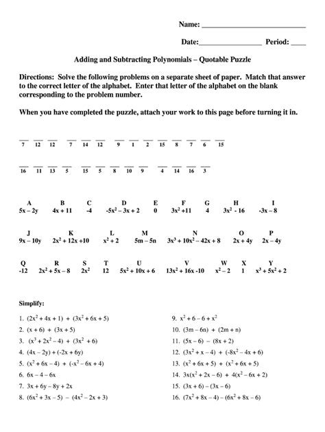 Puzzling Problem Subtracting Polynomials Answer Key - Fill Online, Printable, Fillable, Blank ...