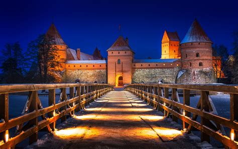 Wallpaper Lithuania, Trakai Castle, bridge, winter, snow, lights, night ...