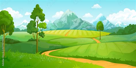 Summer mountains landscape. Cartoon nature green hills scene with blue ...