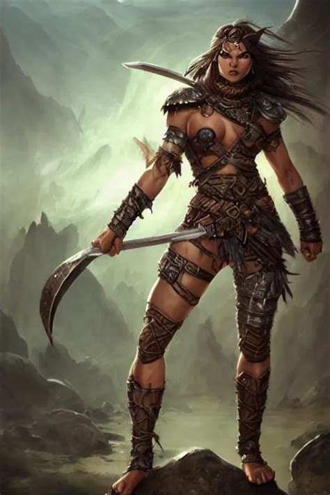 Female barbarian, heavy brown metallic armor, black | Stable Diffusion