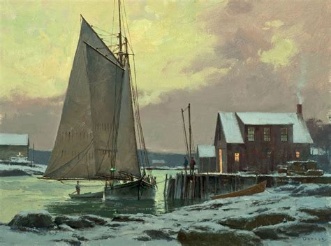 a painting of a sailboat in the water with houses and snow on the ground