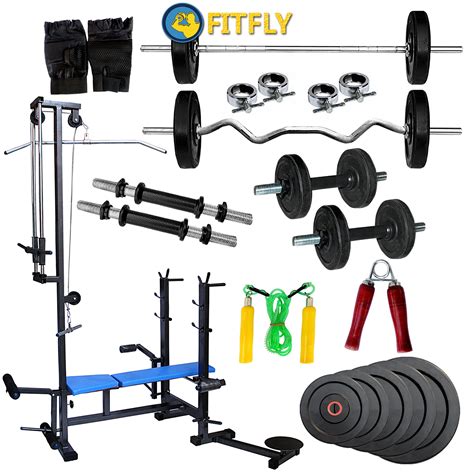 Buy Fitfly Rubberised Home Gym Set With 20 In 1 Bench&80 Kg Weight&5Ft ...