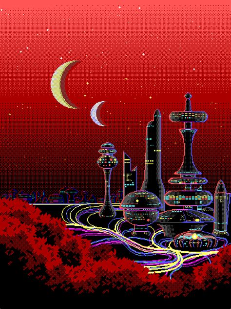 A futuristic city done in the EGA color palette. Based on a painting by Michael Böhme. Reference ...