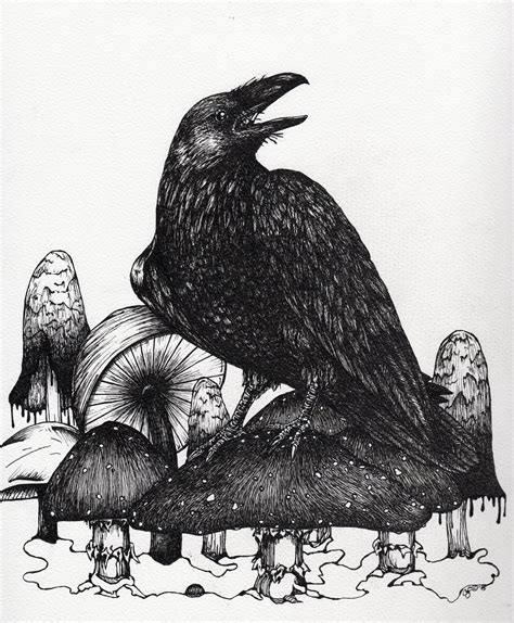 Raven and Mushrooms Print