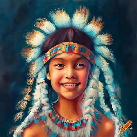 Oil painting of smiling american indian girls on Craiyon