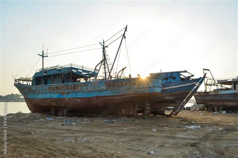 Shipwreck on Beach pollution, abandoned ship, wrecked ship, scrap Stock ...