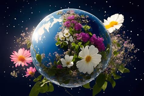 The beautiful planet Earth in outer space is covered with colorful flowers The concept of global ...