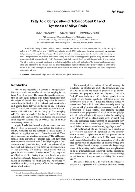 (PDF) Fatty Acid Composition of Tobacco Seed Oil and Synthesis of Alkyd Resin | Habib Ullah ...