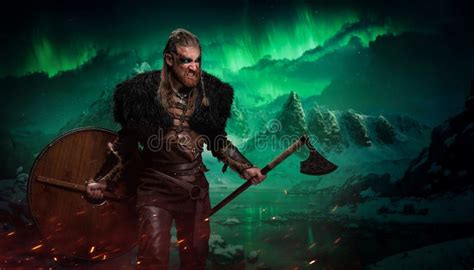 Viking Warrior with Shield and Axe Against Northern Lights Stock Image ...