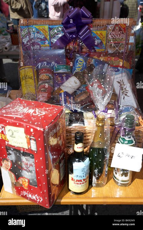 hamper and prizes in a tombola prize draw on a charity stall in Stock ...