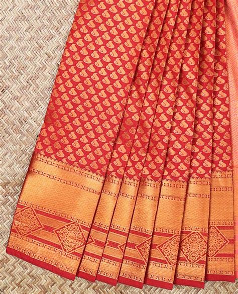 Cherry red jacquard design art silk saree, traditional design zari border & contrast pallu of ...