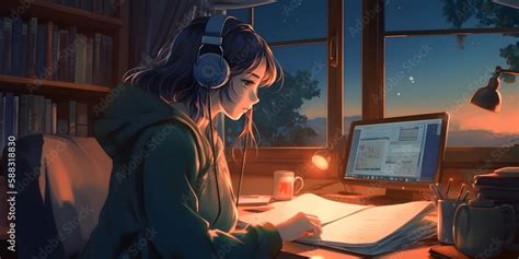 Cool Lofi Girl studying at her desk. Sunset outside, beautiful chill ...