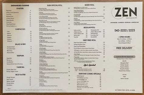 Menu at ZEN restaurant, Bethel