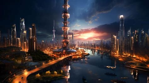 Premium AI Image | Modern skyscraper reflects futuristic air traffic ...