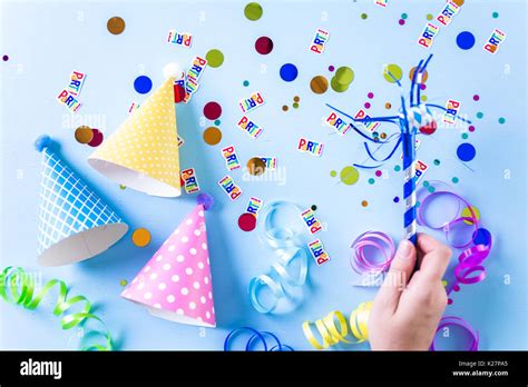 Colorful party hats for kids Birthday Party on blue background Stock Photo - Alamy