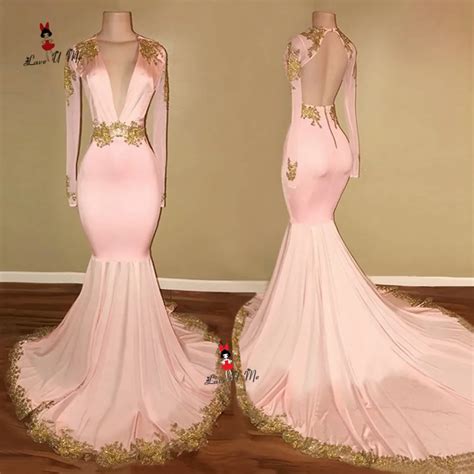 Gold Lace Pink Elegant Long Sleeve Formal Evening Gowns Dress Mermaid ...