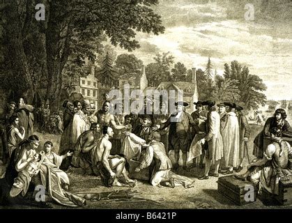 William Penn treaty with Native Americans in Pennsylvania 1680s. Hand-colored woodcut Stock ...