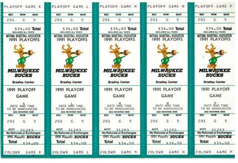 Sheet of 5 1991 Milwaukee Bucks Playoff Tickets Games K thru P | eBay