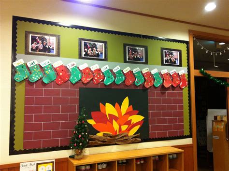 Christmas bulletin board- fireplace with child made stockings and class ...