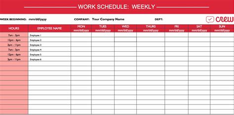 the work schedule is shown in red and white