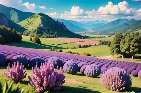 Premium AI Image | A landscape of lavender fields with mountains in the background.