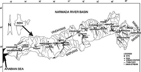 Location map of Narmada river basin along with location numbers of ...