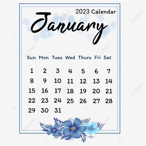 January 2023 Calendar with Blue Flower PNG and PSD