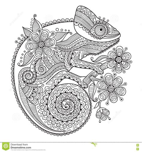 Black and white vector illustration with a chameleon in ethnic patterns. | Coloring pages ...