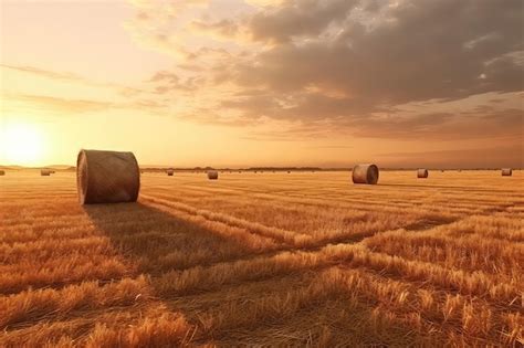 Premium AI Image | Sunset Graces Field Of Hay Bales