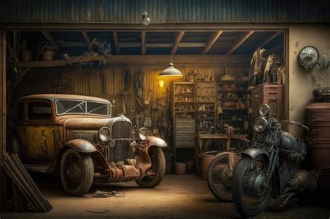 Premium AI Image | An old garage with a variety of vintage cars trucks ...