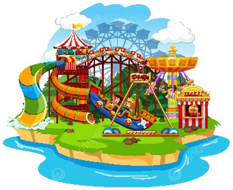 Joyful Kids Enjoying Multiple Rides In A Vibrant Themepark Setting Vector, Entertain, Festival ...