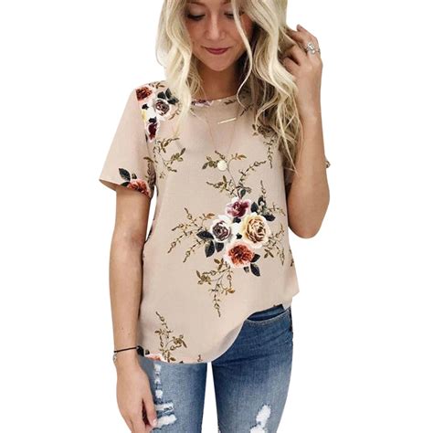 Elegant Summer Women Casual Tops Blouse Short Sleeve Rose Floral Crew Neck 2018 Summer Blouses ...