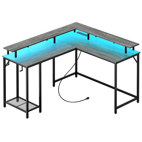 SUPERJARE L Shaped Computer Desk with Power Outlets & LED Lights, Gaming Desk with Monitor Stand ...