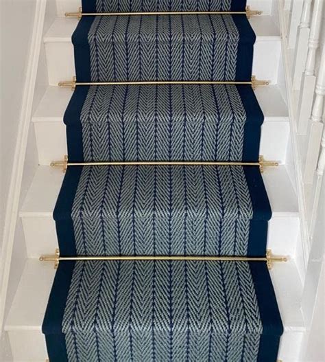 Herringbone Navy, Border Navy , Brass stair rods (2) - Wholesale Carpets