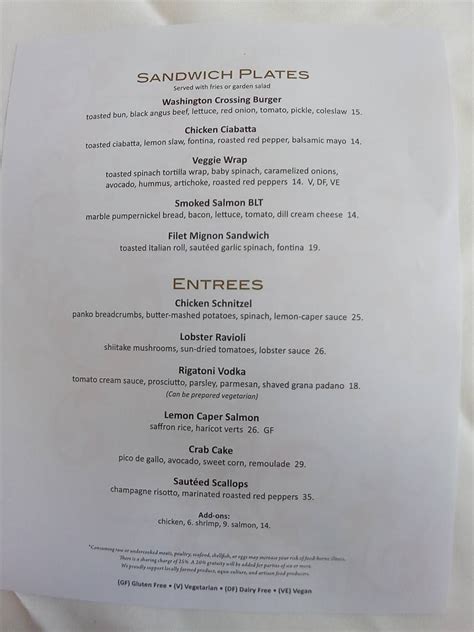 Menu at Washington Crossing Inn restaurant, Washington Crossing