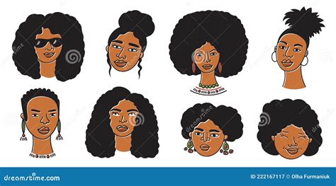 African American Woman Faces Set, Hand Drawn Logos of Negroid Race Women with Curly Hair.Social ...