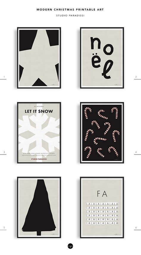 the modern christmas printable art is shown in black and white, with different designs