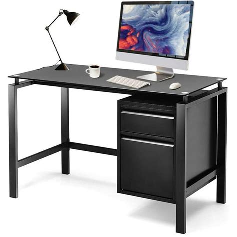 Home Office Desk Writing Computer Desks, Black Glass Top w/Drawers - Walmart.com - Walmart.com