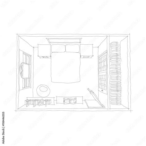 2D Freehand Sketch Drawing of interior roofless bedroom with wardrobe ...