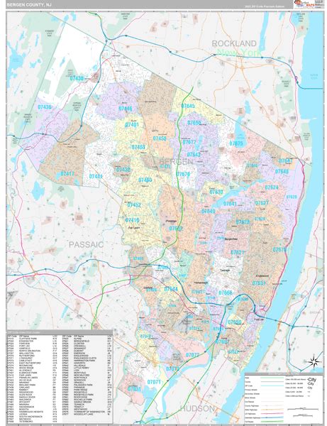 Bergen County, NJ Zip Code Map - Premium