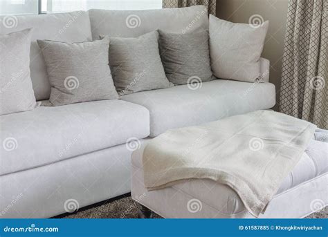 Classic White Sofa with Pillows Stock Image - Image of couch, apartment ...