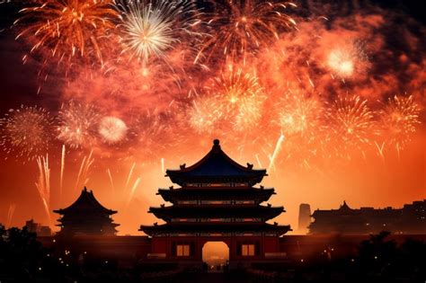 Premium AI Image | Silhouette of an oriental temple under fireworks chinese new year celebration