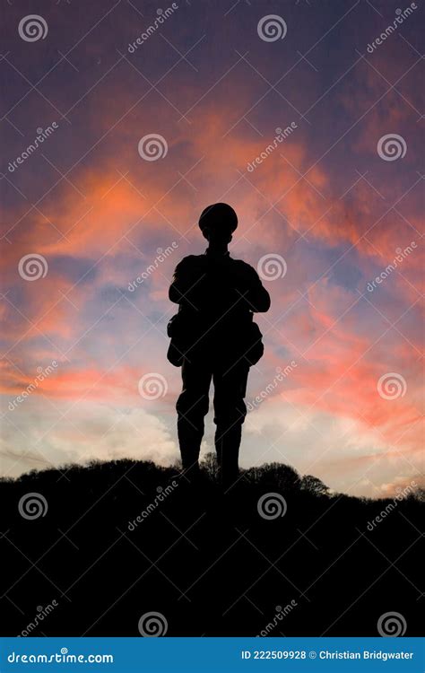 Silhouette of a Soldier War Memorial Statue at Sunset. Stock Photo - Image of world ...