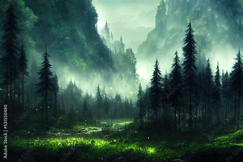 dark forest panorama fantasy landscape, anime style, style, toon, Stock Illustration | Adobe Stock