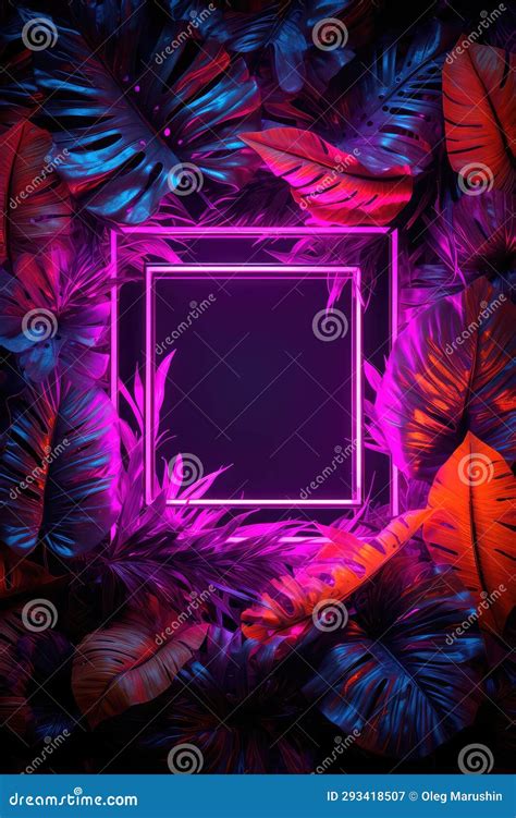 Creative Fluorescent Color Layout Made of Tropical Leaves with Neon Light Square. Generative AI ...