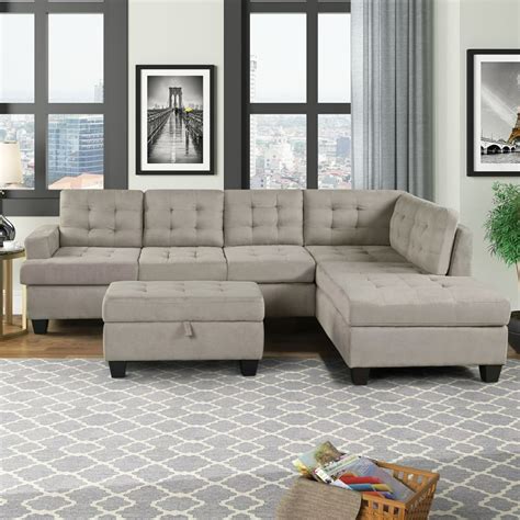 Modern 3-Piece Sectional Sofa with Chaise Lounge and Storage Ottoman, L ...