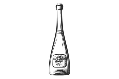 Dessert wine sketch. Hand drawn bottle with grape on label
