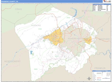 Roanoke County, Virginia Zip Code Wall Map | Maps.com.com