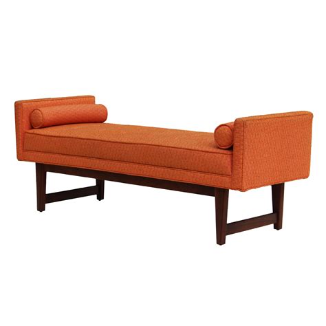 Chic mid century modern upholstered bench by Selig. Original orange textured fabric with pink ...