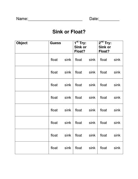 Sink Or Float Worksheets